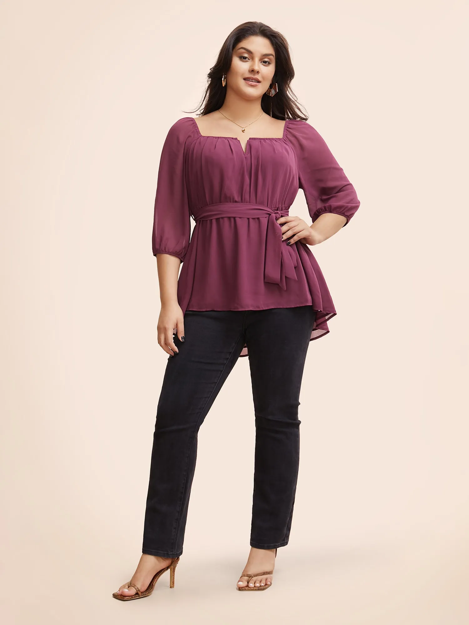 Notched Chiffon Gathered Belted Blouse sold by Bloomchic product image thumbnail 2