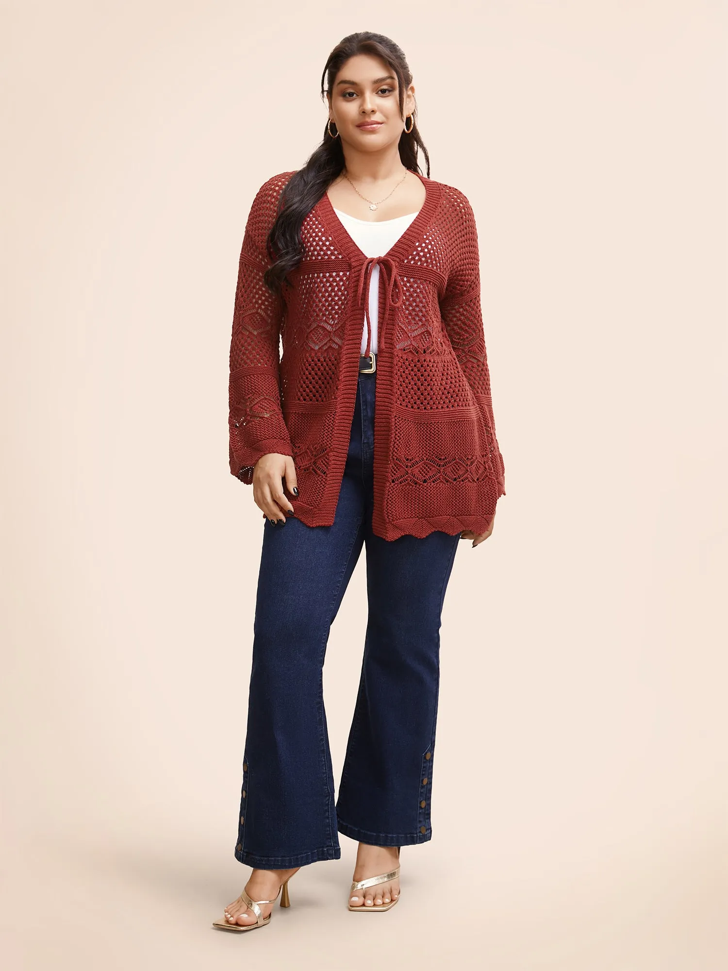 Texture Tie Knot Bell Sleeve Cardigan sold by Bloomchic product image thumbnail 3