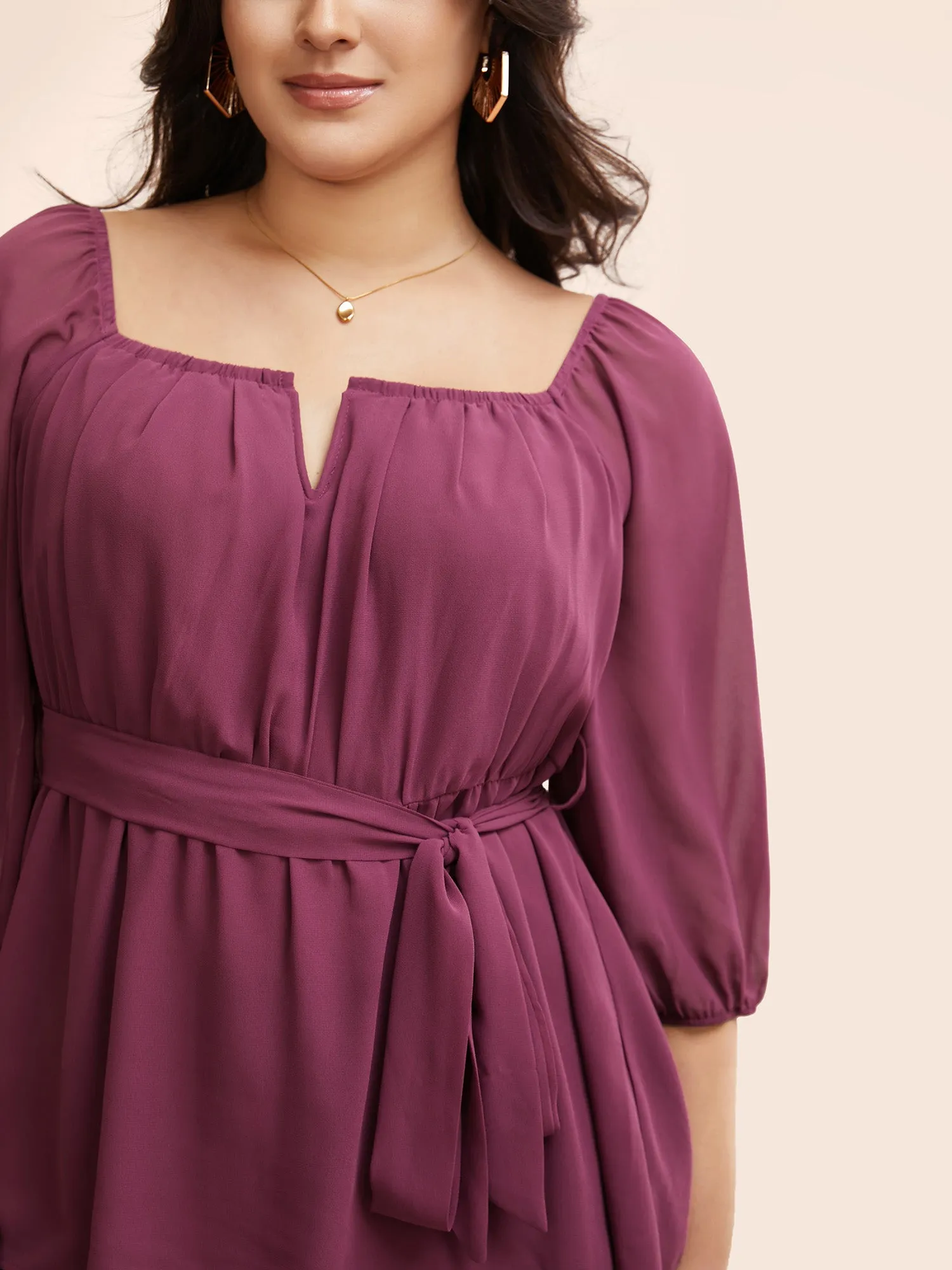 Notched Chiffon Gathered Belted Blouse sold by Bloomchic product image thumbnail 4