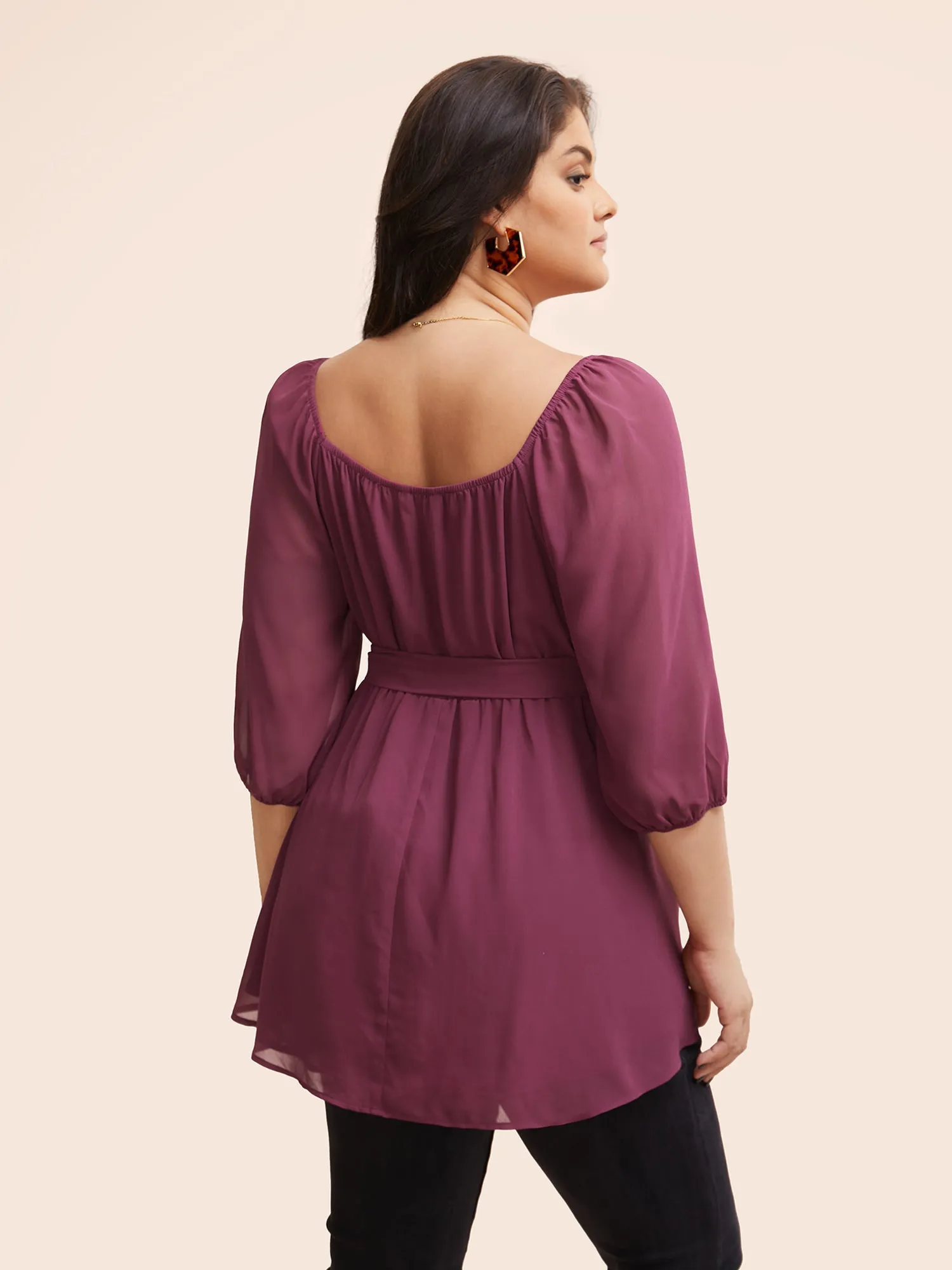 Notched Chiffon Gathered Belted Blouse sold by Bloomchic product image thumbnail 3