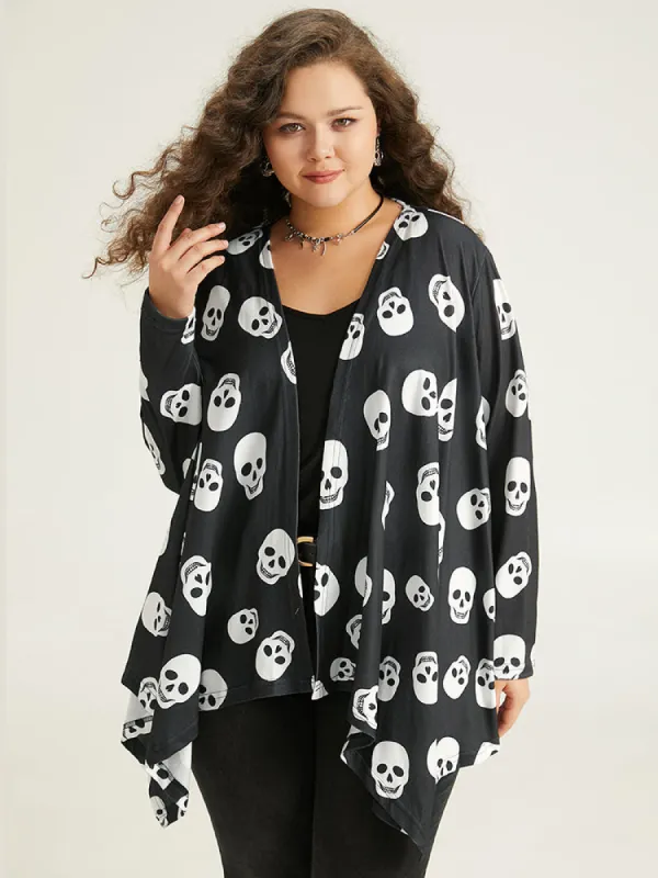 Halloween Skull Print Open Front Hanky Hem Kimono sold by Bloomchic