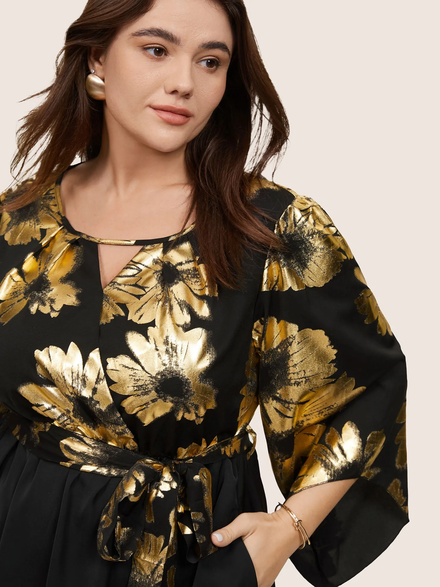 Floral Glitter Belted Keyhole Flutter Sleeve Dress sold by Bloomchic product image thumbnail 3