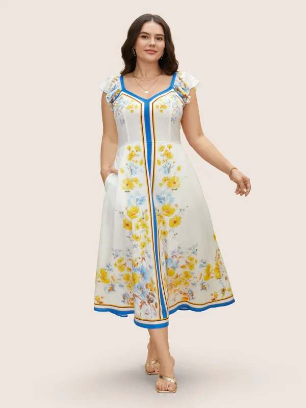 Boho Print Heart Neckline Ruffle Cap Sleeve Dress sold by Bloomchic