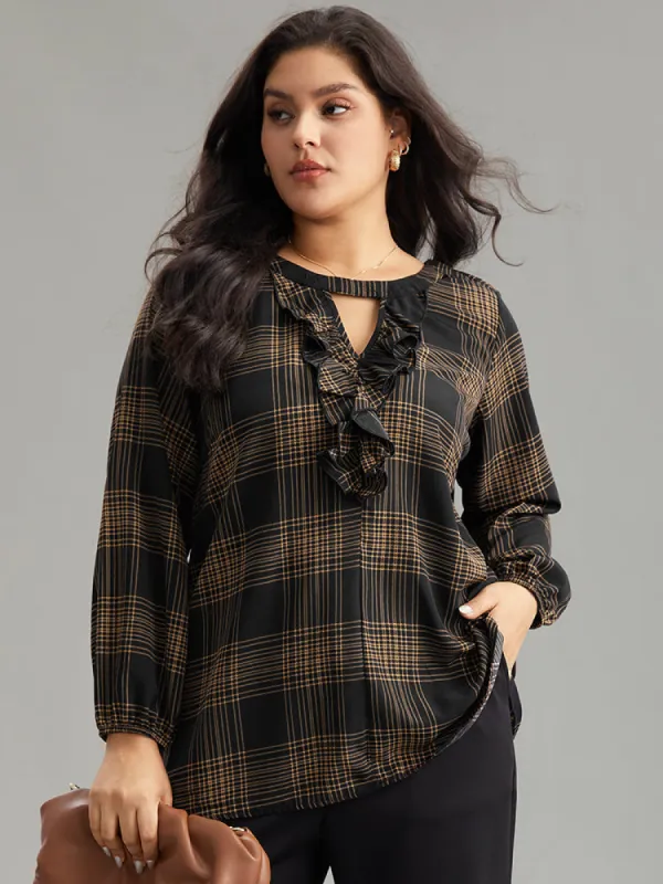 Plaid Keyhole Frill Trim Lantern Sleeve Blouse sold by Bloomchic