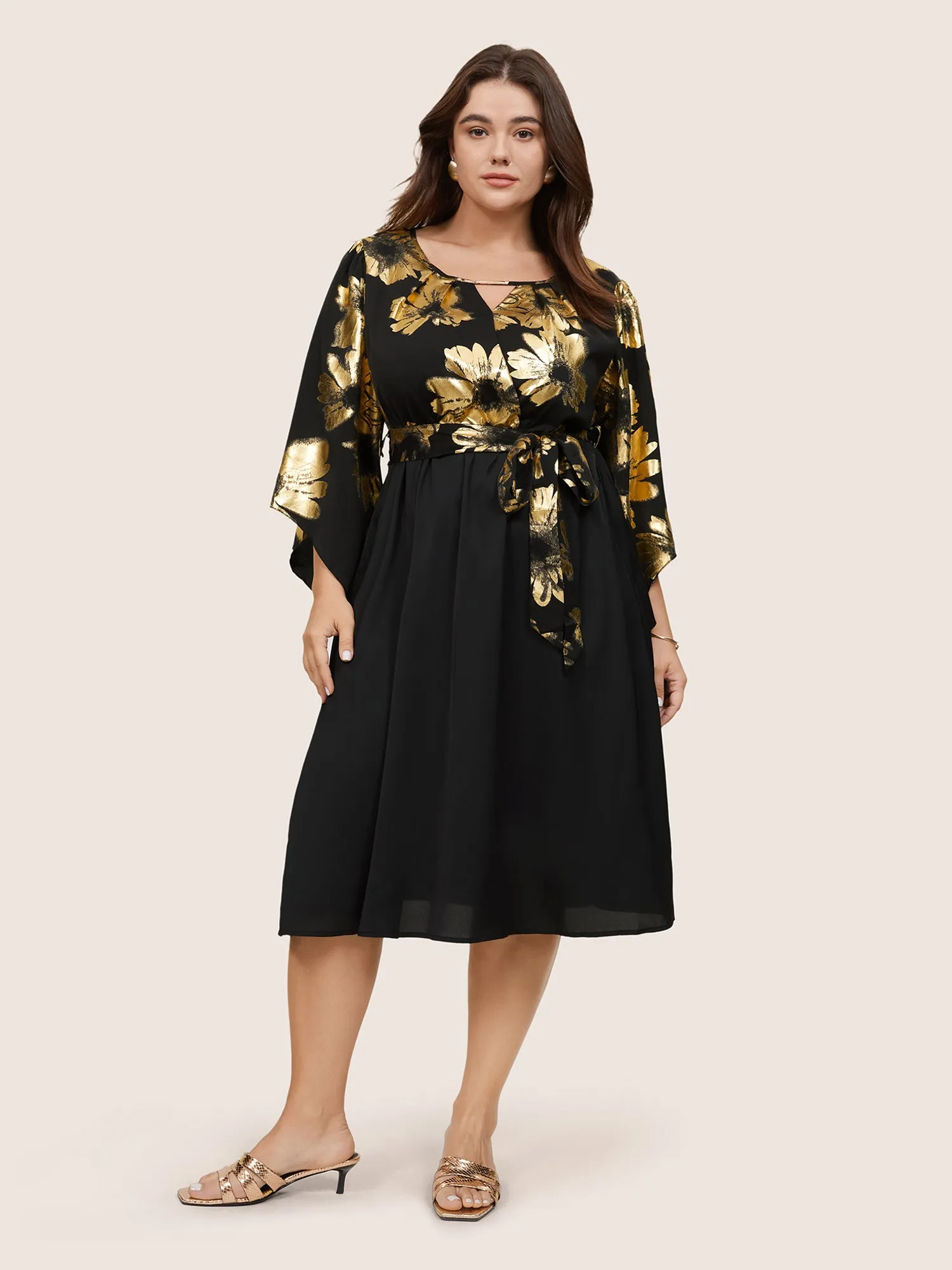 Floral Glitter Belted Keyhole Flutter Sleeve Dress sold by Bloomchic product image thumbnail 4