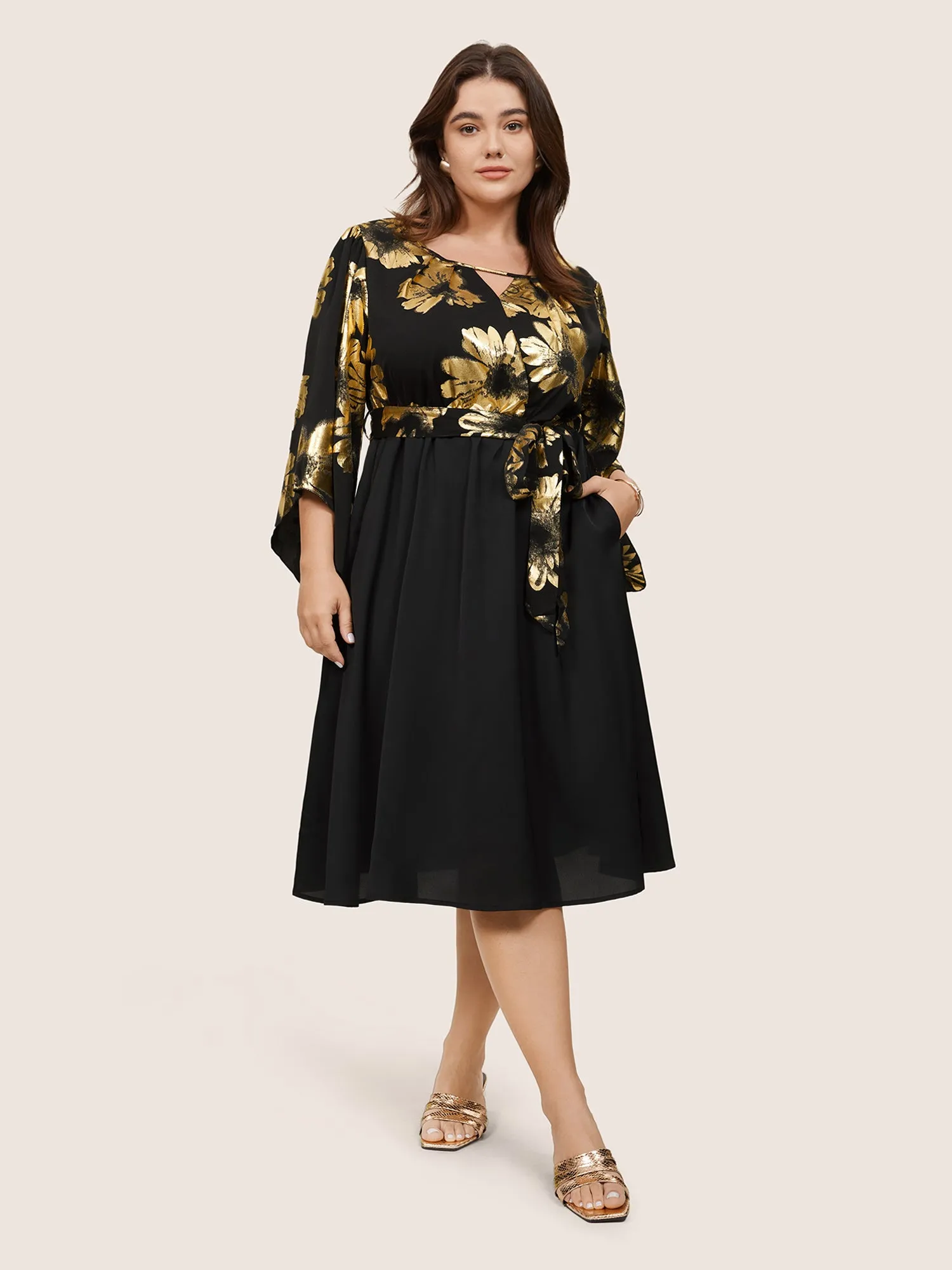 Floral Glitter Belted Keyhole Flutter Sleeve Dress sold by Bloomchic