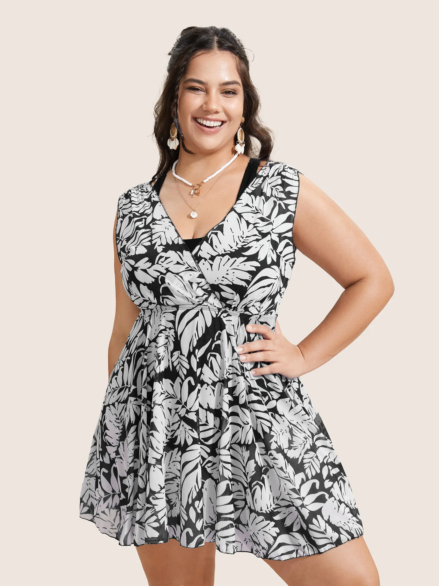 Tropical Print V Neck Sleeveless Swim Dress sold by Bloomchic