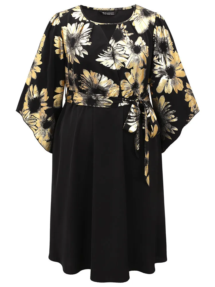 Floral Glitter Belted Keyhole Flutter Sleeve Dress sold by Bloomchic product image thumbnail 5