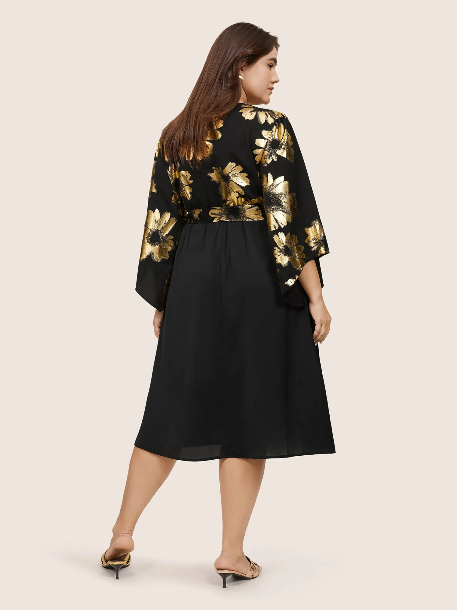 Floral Glitter Belted Keyhole Flutter Sleeve Dress sold by Bloomchic product image thumbnail 2