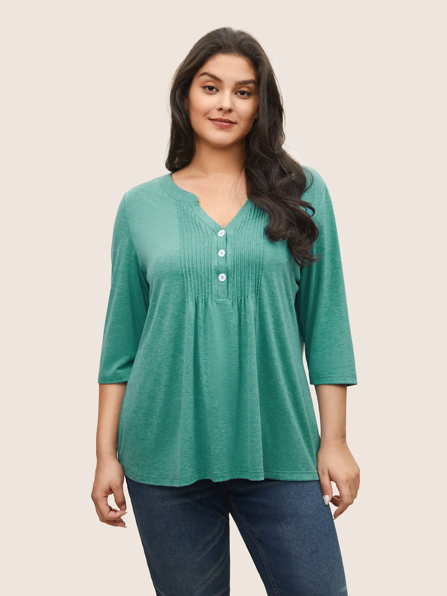 Notched Solid Pleated Button Up T-shirt sold by Bloomchic