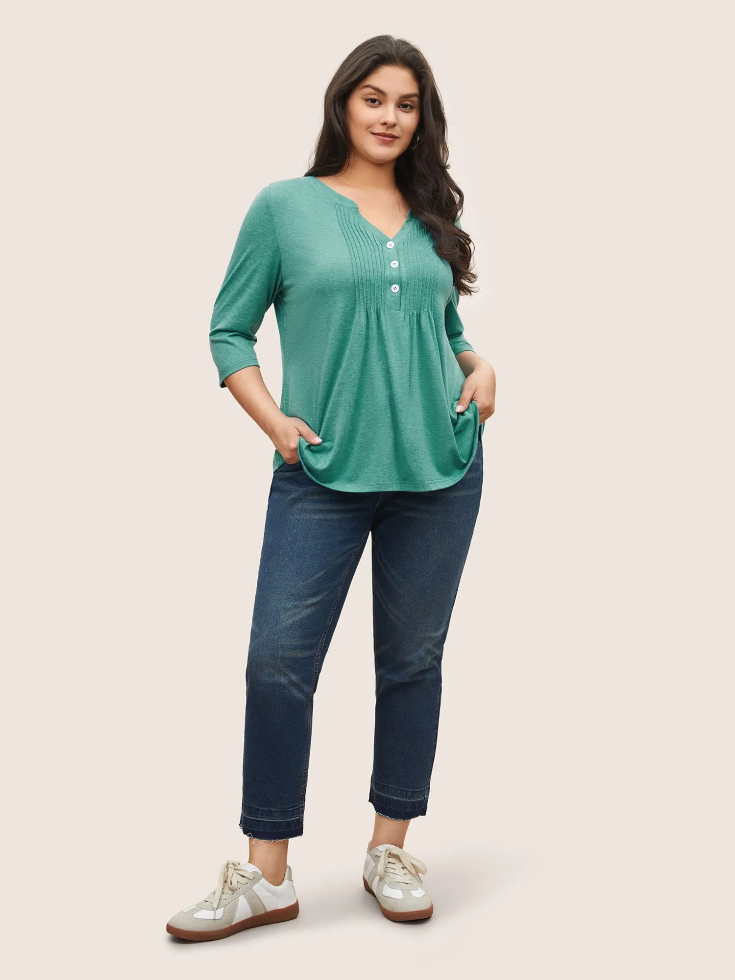 Notched Solid Pleated Button Up T-shirt sold by Bloomchic product image thumbnail 3