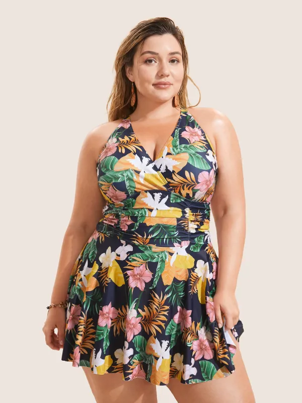 Tropical Adjustable Straps Ruched Swim Dress sold by Bloomchic