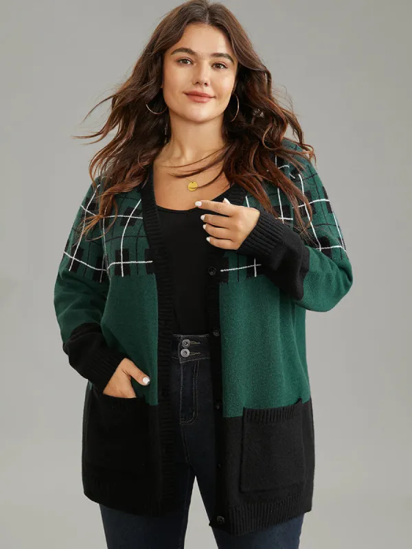 Supersoft Essentials Plaid Geometric Contrast Pocket Cardigan sold by Bloomchic