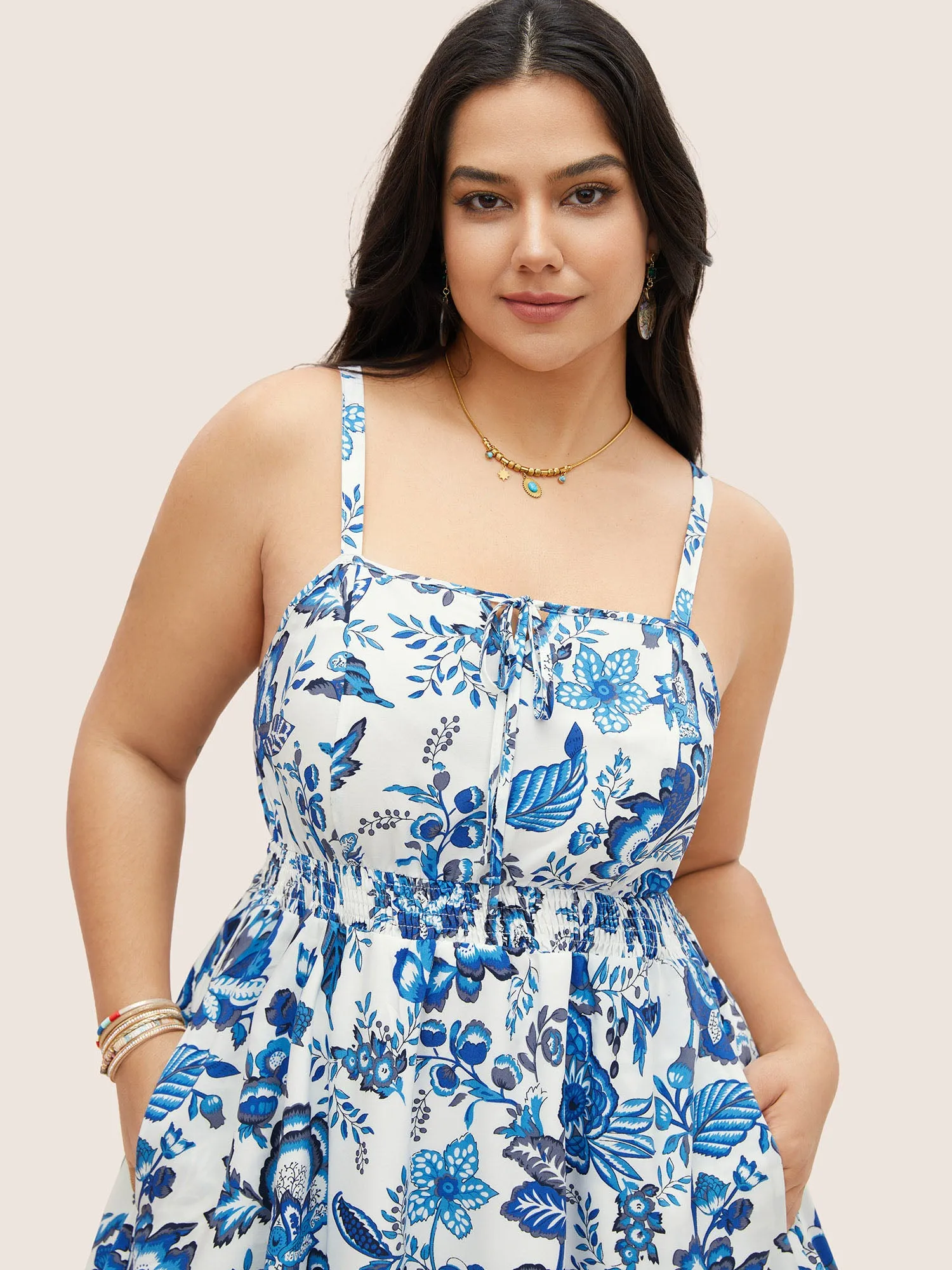 Boho Print Tie Knot Shirred Cami Dress sold by Bloomchic product image thumbnail 4