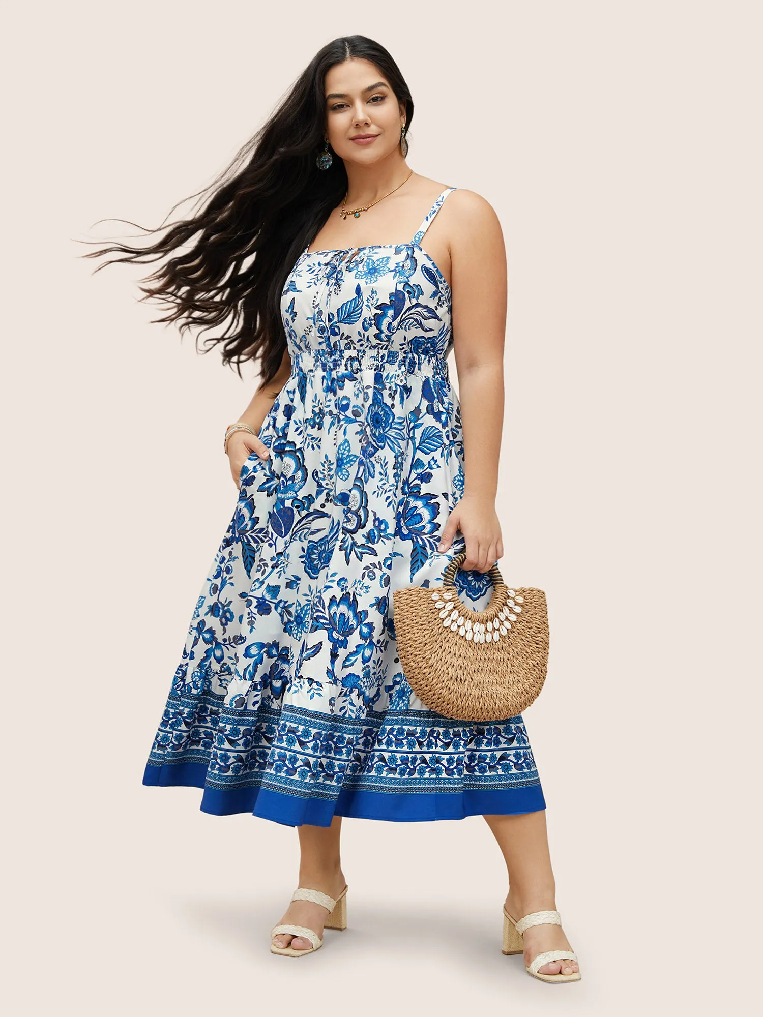 Boho Print Tie Knot Shirred Cami Dress sold by Bloomchic