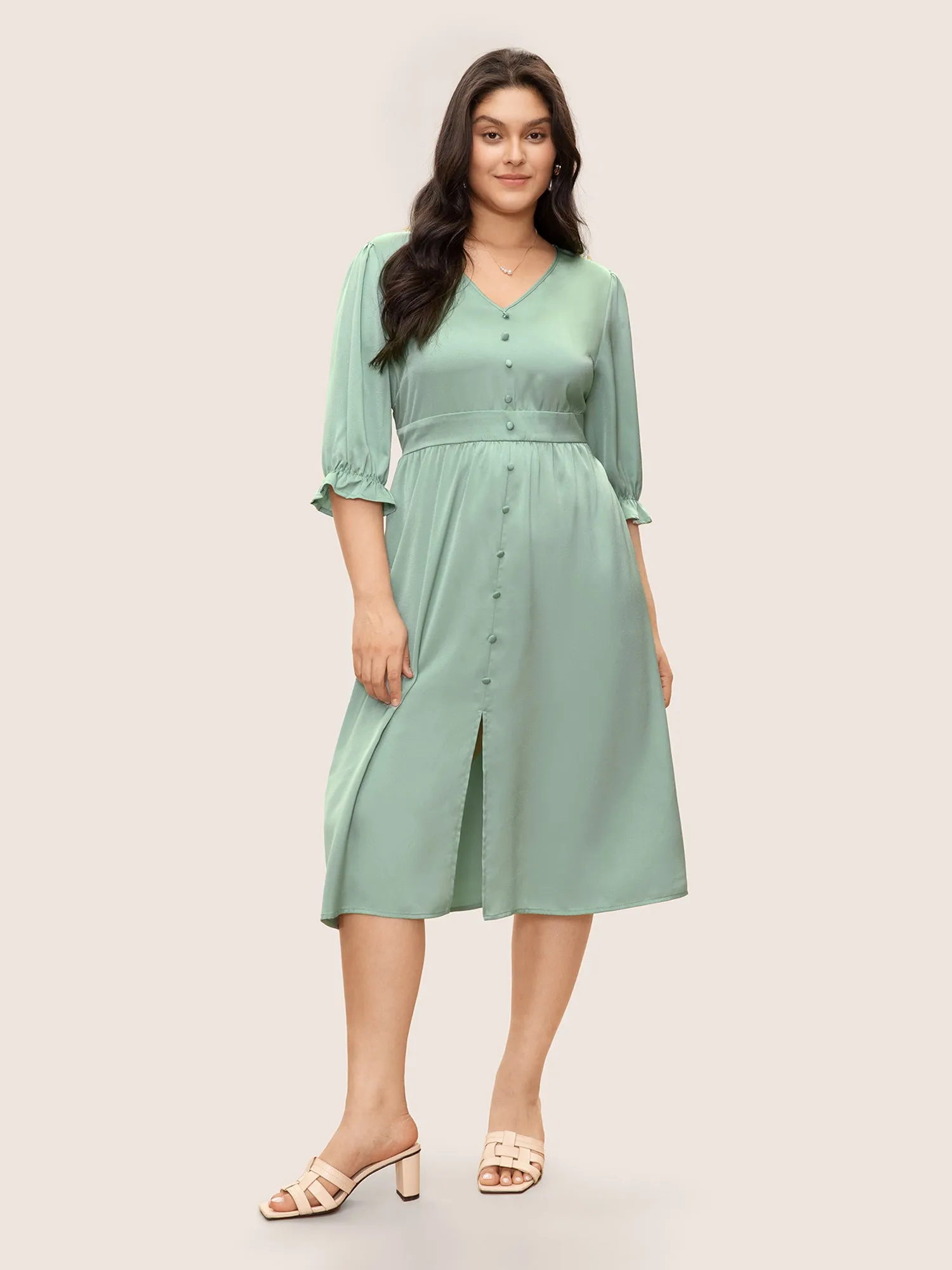 Plain Ruffles Button Detail Split Front Satin Dress sold by Bloomchic product image thumbnail 2