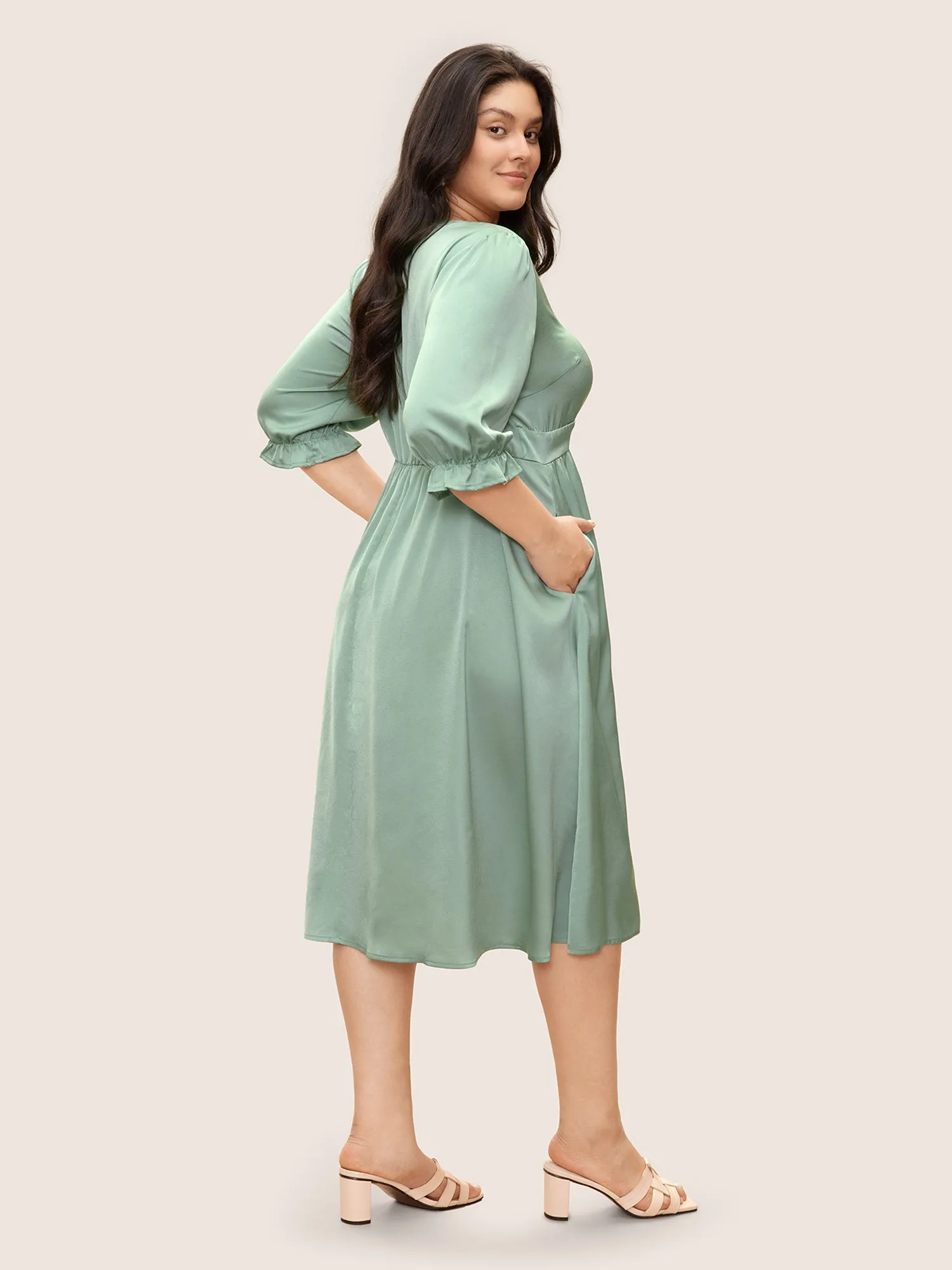 Plain Ruffles Button Detail Split Front Satin Dress sold by Bloomchic product image thumbnail 3