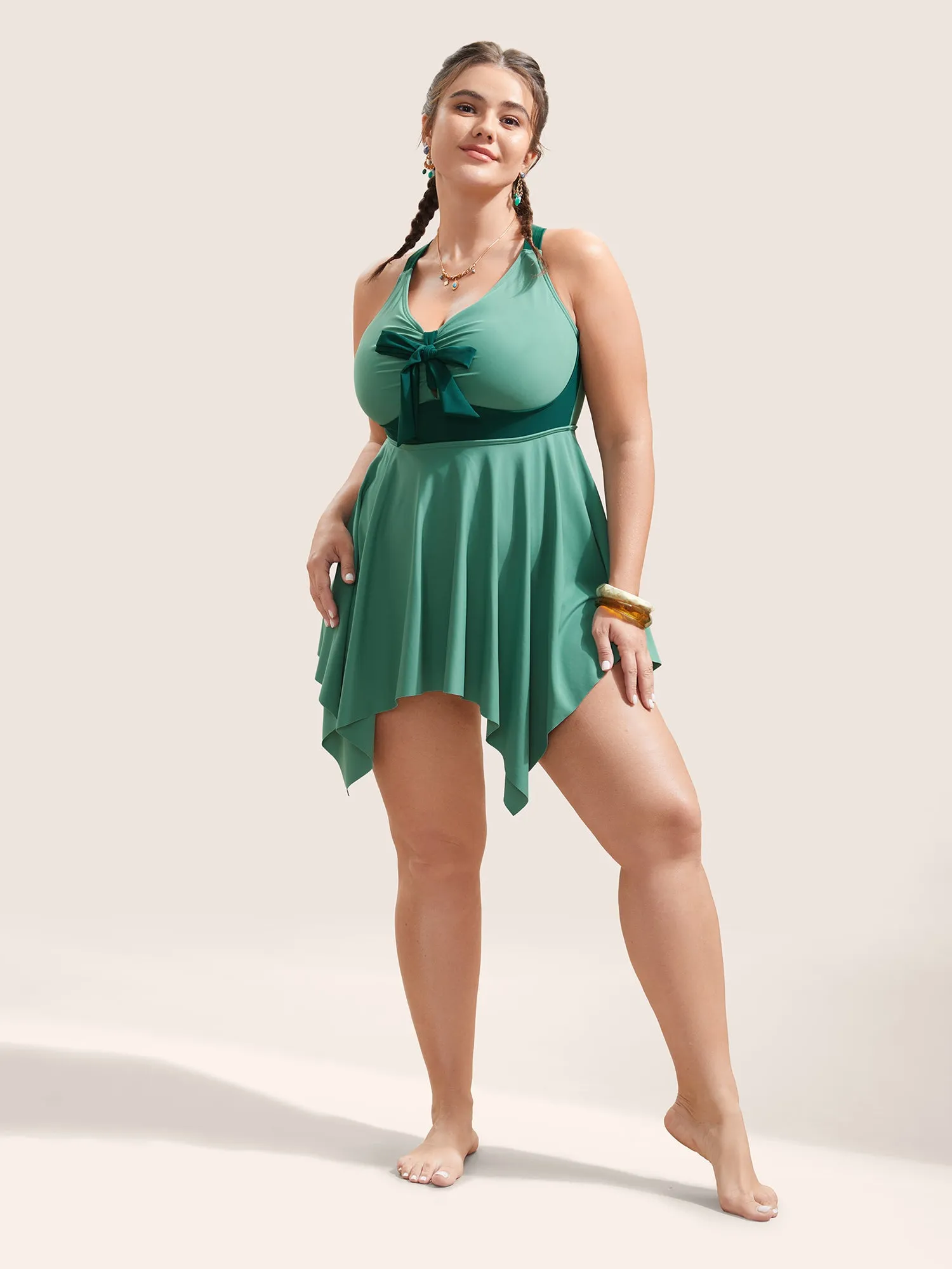 Plain Patchwork Bowknot Hanky Hem Swim Dress sold by Bloomchic product image thumbnail 4