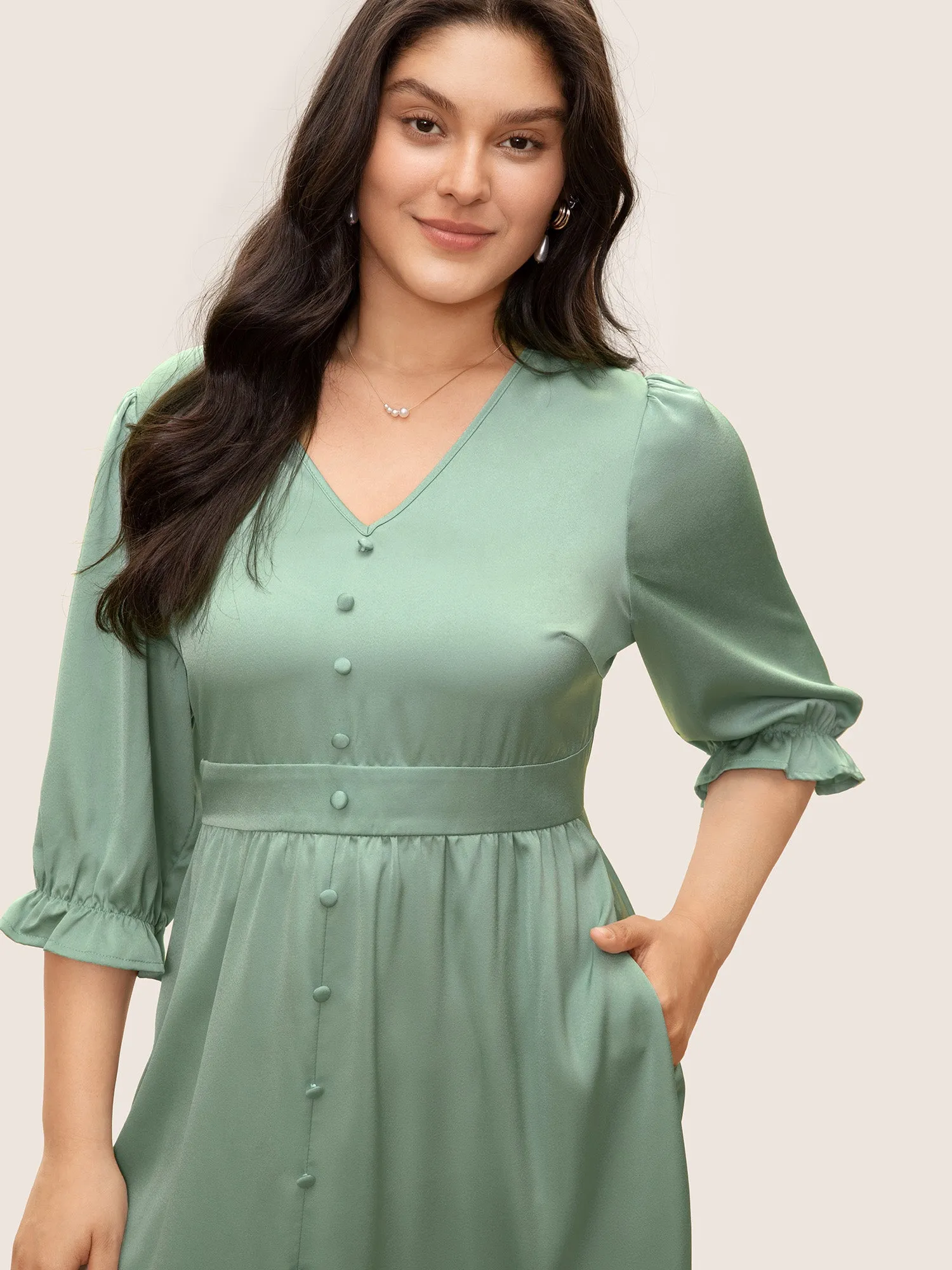 Plain Ruffles Button Detail Split Front Satin Dress sold by Bloomchic product image thumbnail 4