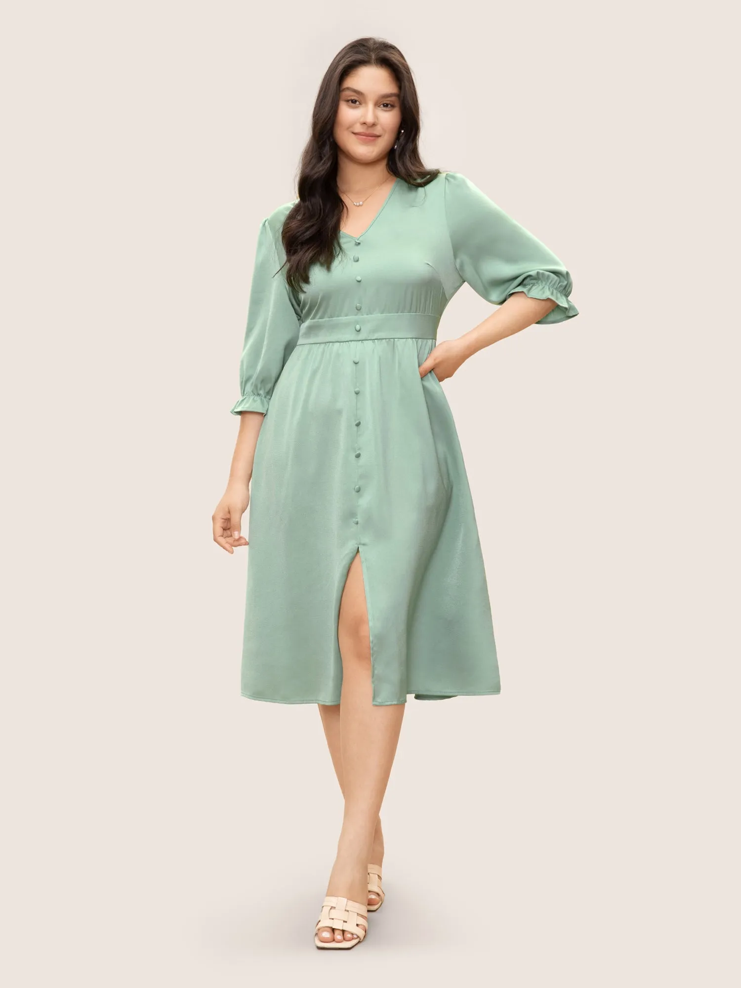 Plain Ruffles Button Detail Split Front Satin Dress sold by Bloomchic