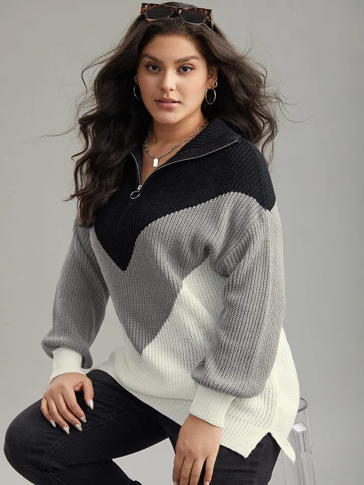 Colorblock Patchwork Zipper Lapel Collar Pullover sold by Bloomchic product image thumbnail 4