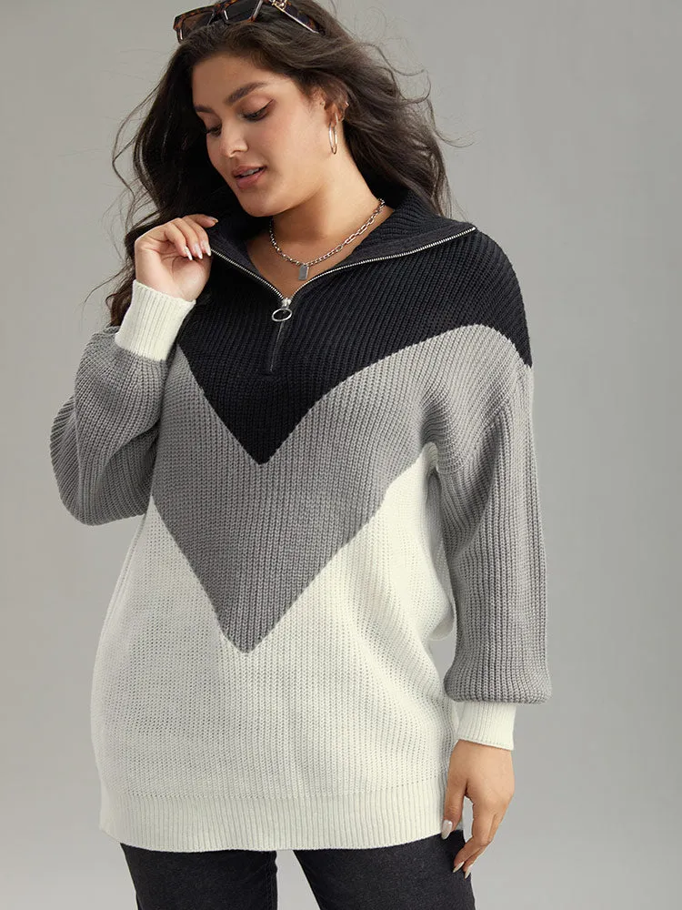 Colorblock Patchwork Zipper Lapel Collar Pullover sold by Bloomchic product image thumbnail 3