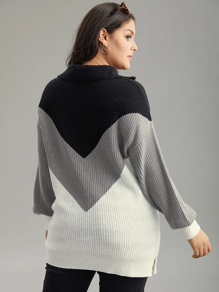 Colorblock Patchwork Zipper Lapel Collar Pullover sold by Bloomchic product image thumbnail 2