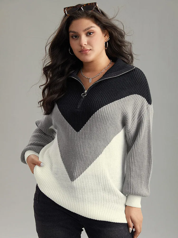 Colorblock Patchwork Zipper Lapel Collar Pullover sold by Bloomchic