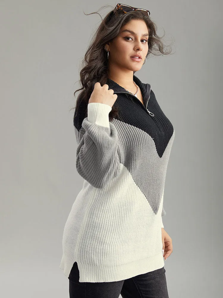 Colorblock Patchwork Zipper Lapel Collar Pullover sold by Bloomchic product image thumbnail 5