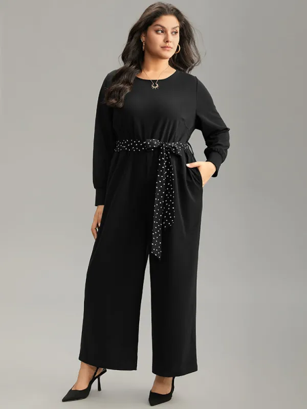 Polka Dot Belted Pocket Elastic Waist Jumpsuit sold by Bloomchic