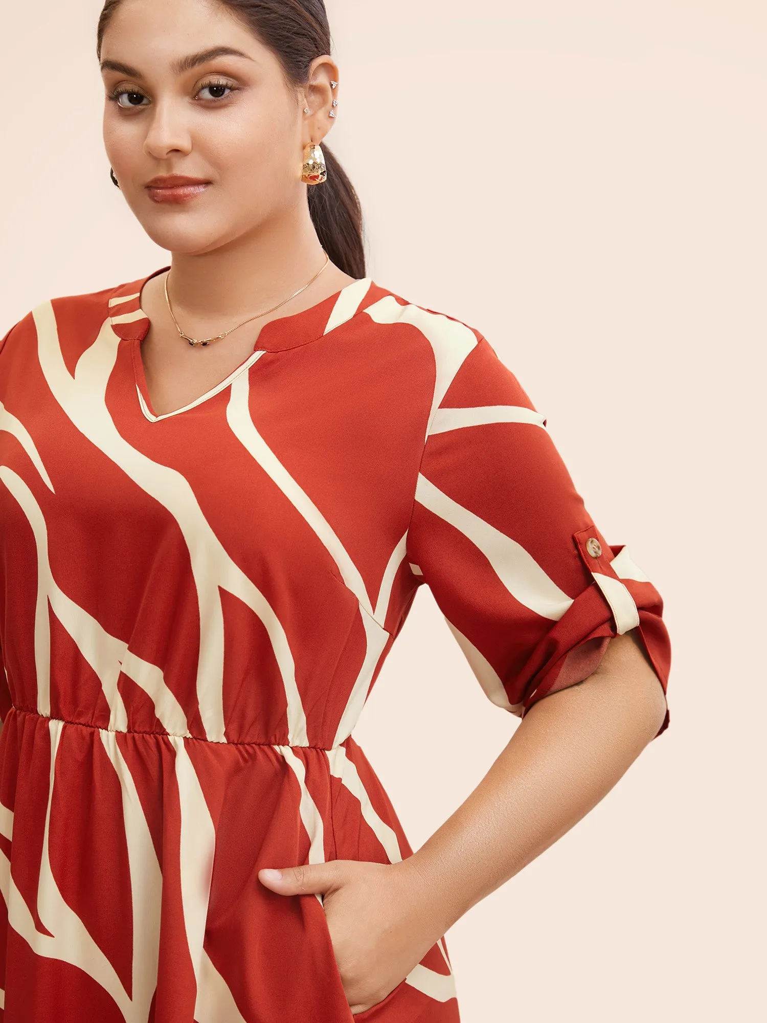 Geometric Print Button Cuff Sleeve Dress sold by Bloomchic product image thumbnail 3