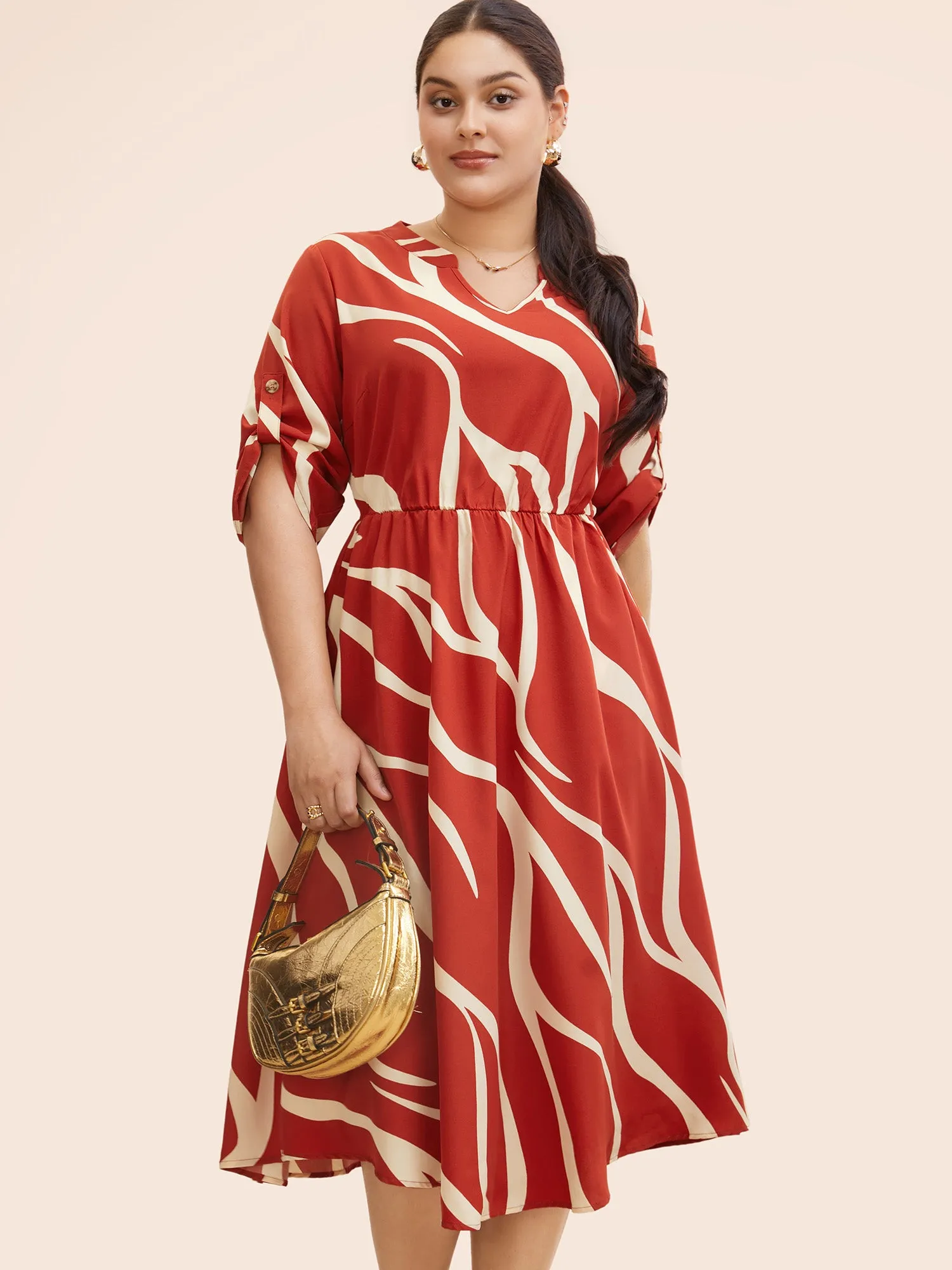 Geometric Print Button Cuff Sleeve Dress sold by Bloomchic