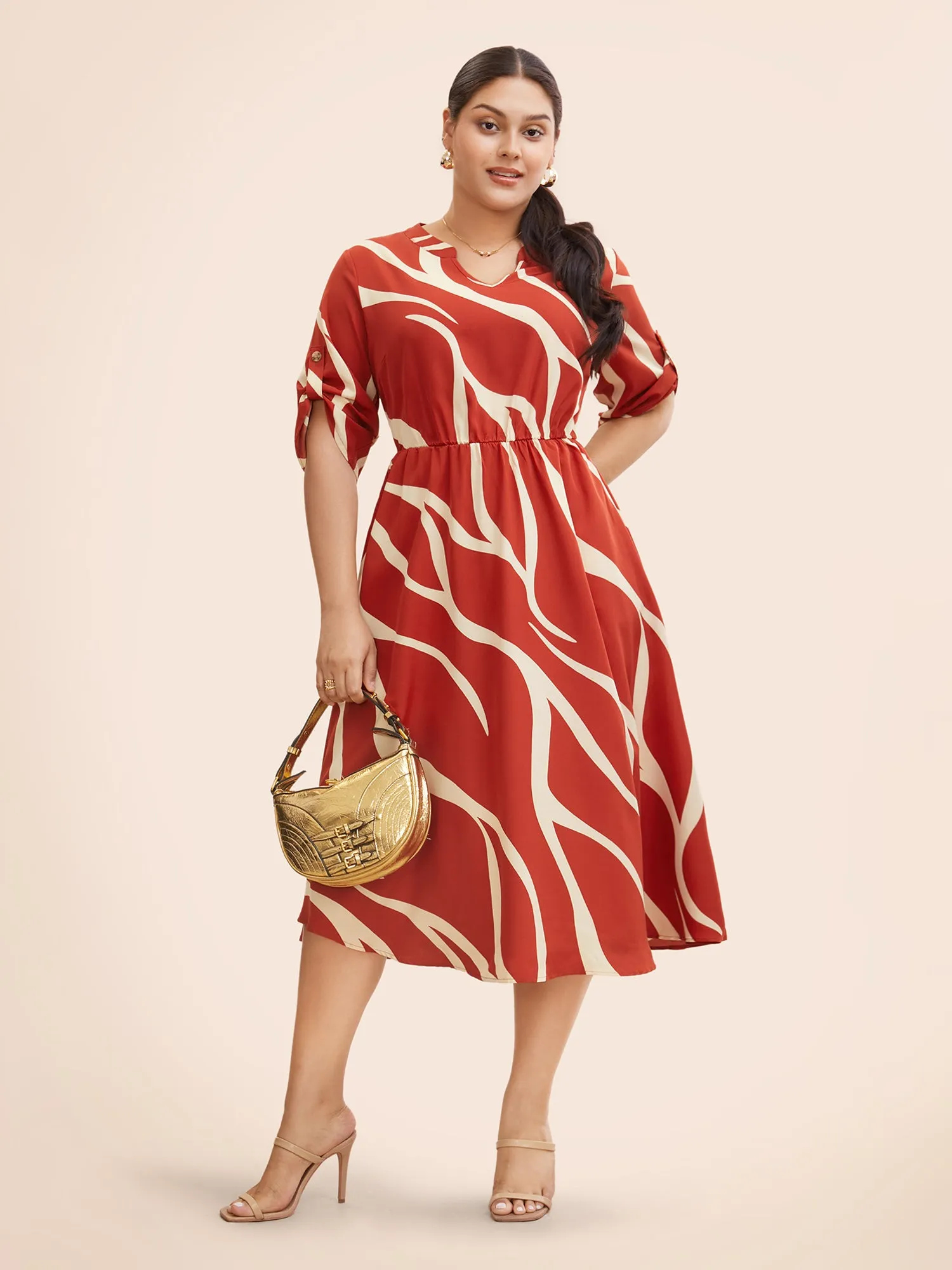 Geometric Print Button Cuff Sleeve Dress sold by Bloomchic product image thumbnail 2