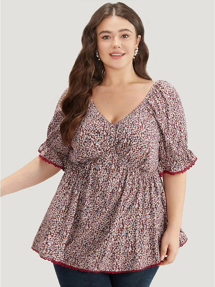 Ditsy Floral Ruched V Neck Lace Patchwork Blouse sold by Bloomchic