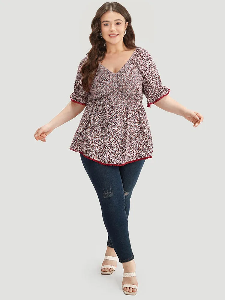 Ditsy Floral Ruched V Neck Lace Patchwork Blouse sold by Bloomchic product image thumbnail 5