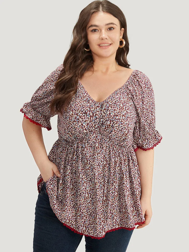 Ditsy Floral Ruched V Neck Lace Patchwork Blouse sold by Bloomchic product image thumbnail 3