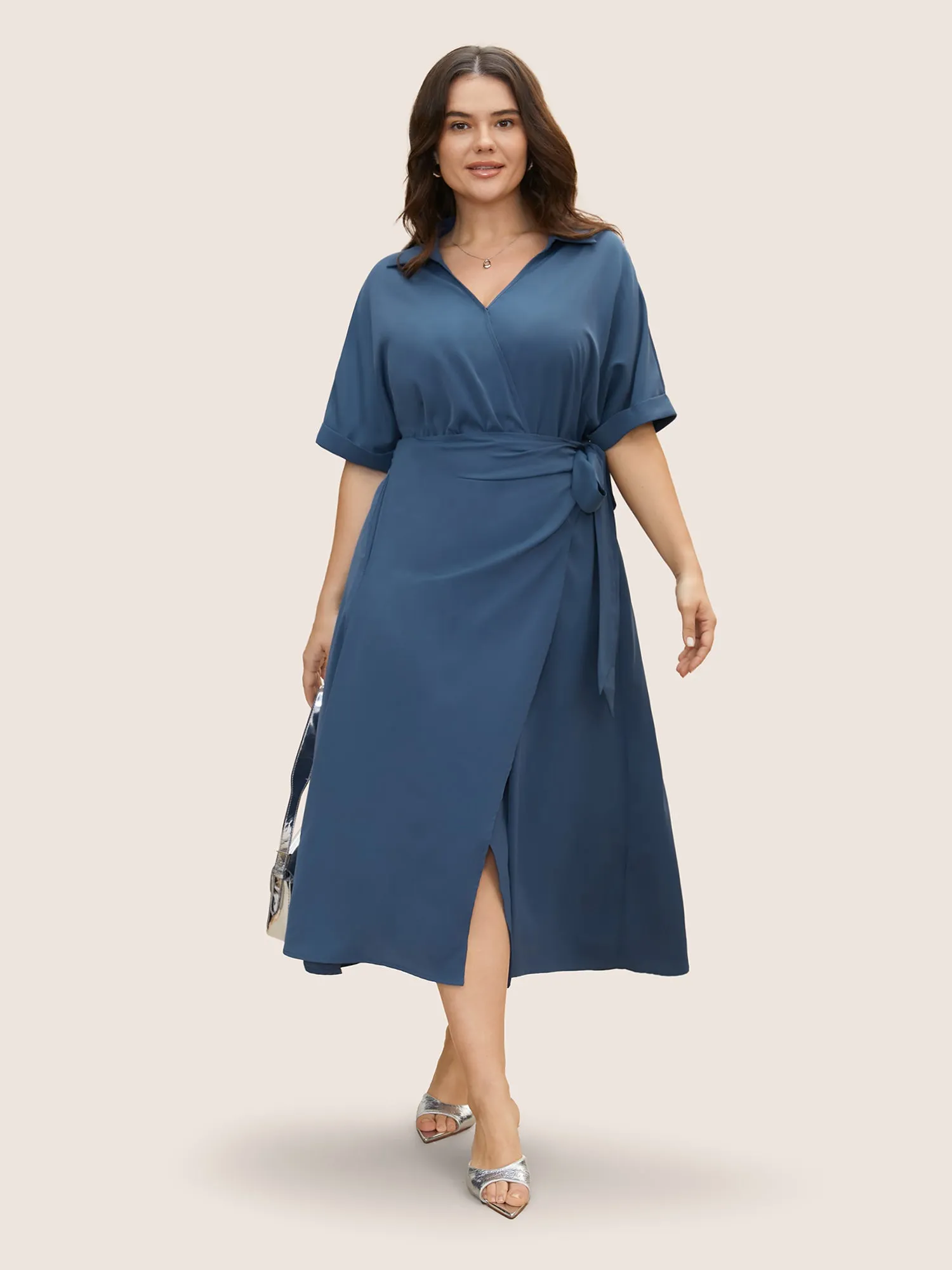 Shirt Collar Tie Knot Gathered Wrap Hem Dress sold by Bloomchic product image thumbnail 2