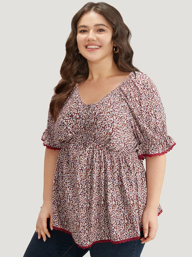 Ditsy Floral Ruched V Neck Lace Patchwork Blouse sold by Bloomchic product image thumbnail 4