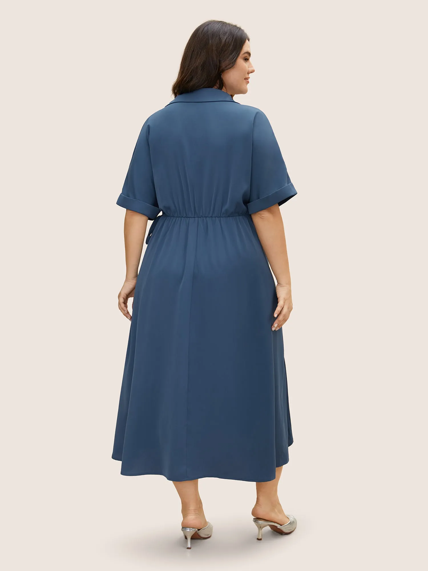 Shirt Collar Tie Knot Gathered Wrap Hem Dress sold by Bloomchic product image thumbnail 3