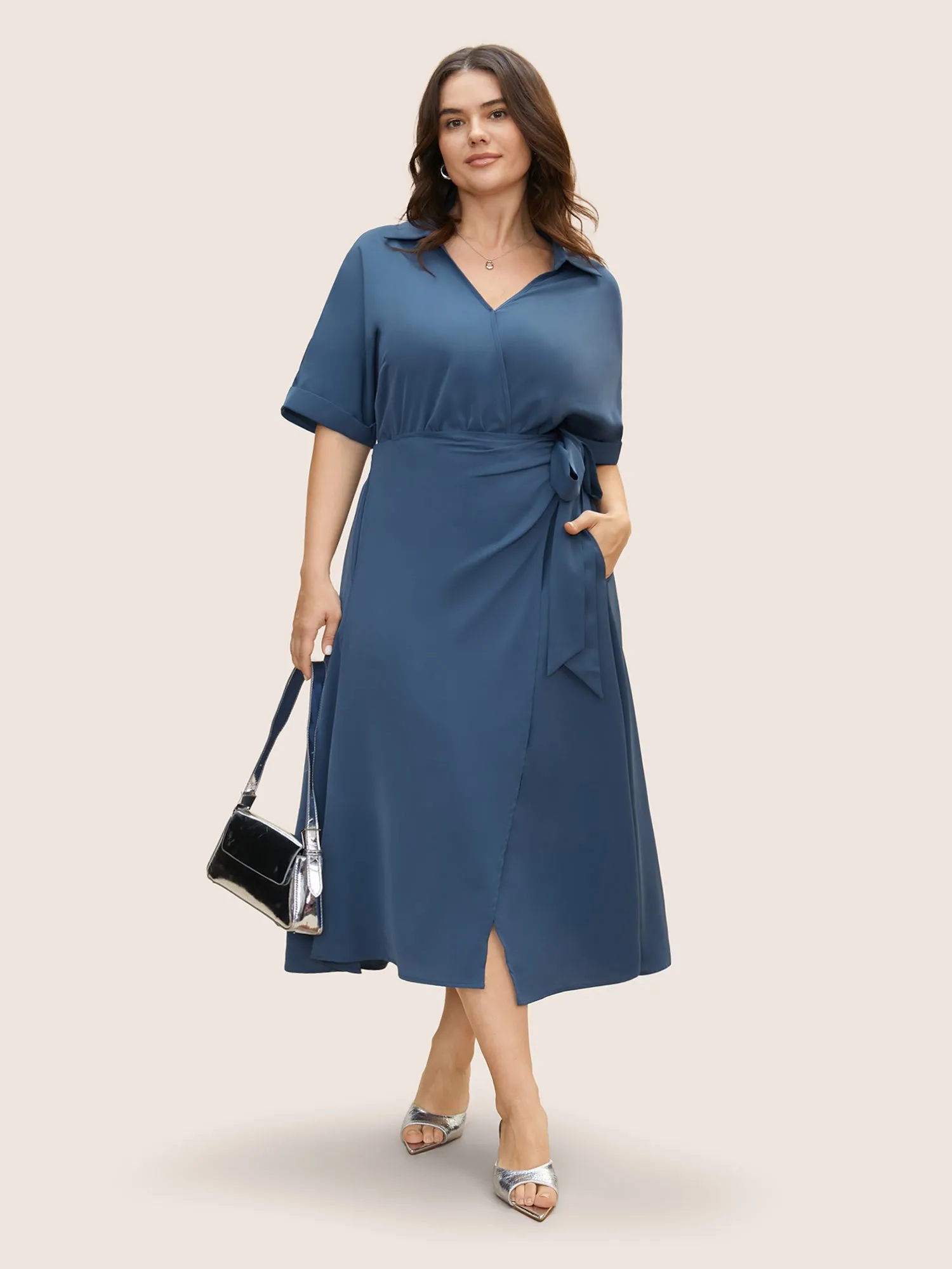 Shirt Collar Tie Knot Gathered Wrap Hem Dress sold by Bloomchic