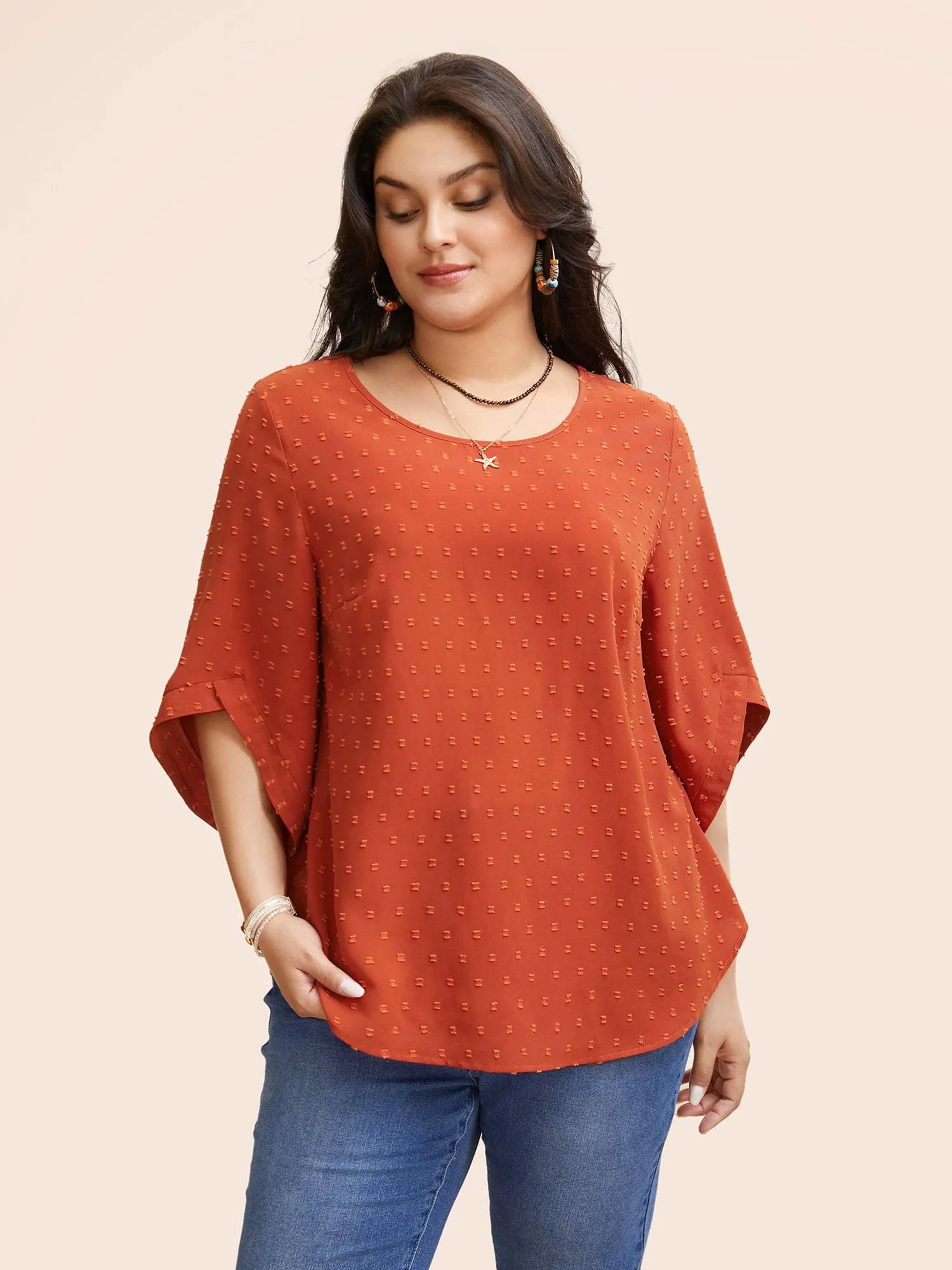 Textured Round Neck Bell Sleeve Blouse sold by Bloomchic