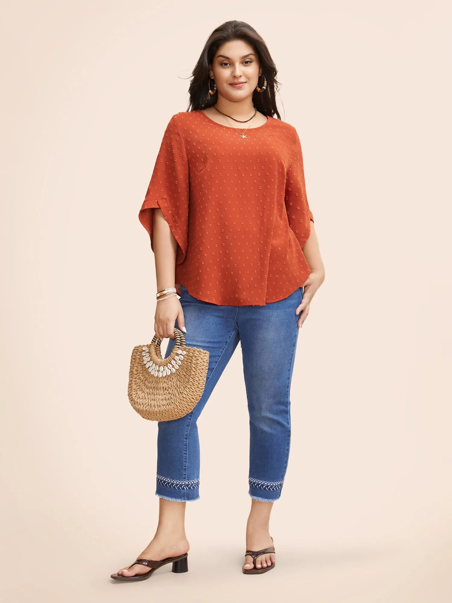 Textured Round Neck Bell Sleeve Blouse sold by Bloomchic product image thumbnail 2