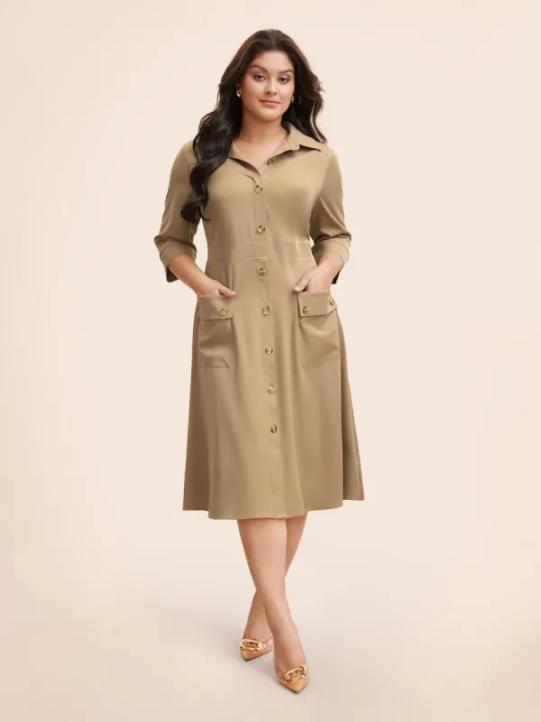Shirt Collar Elastic Waist Patch Pocket Dress sold by Bloomchic