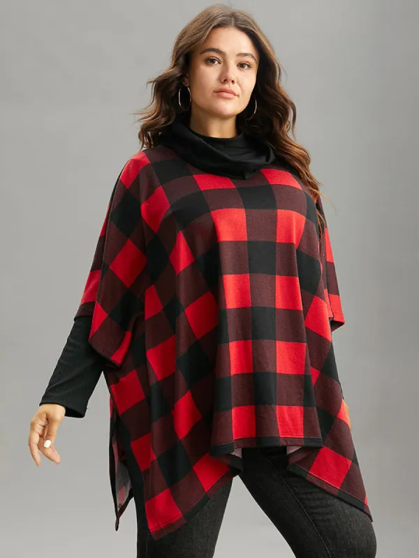 Plaid Cowl Neck Dolman Sleeve Asymmetrical Hem Sweatshirt sold by Bloomchic