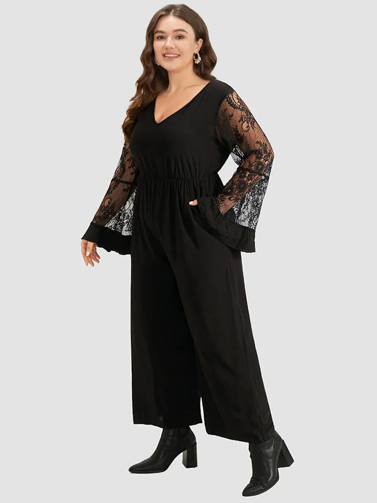 Halloween Plain Mesh Eyelet Lace Pocket Jumpsuit sold by Bloomchic
