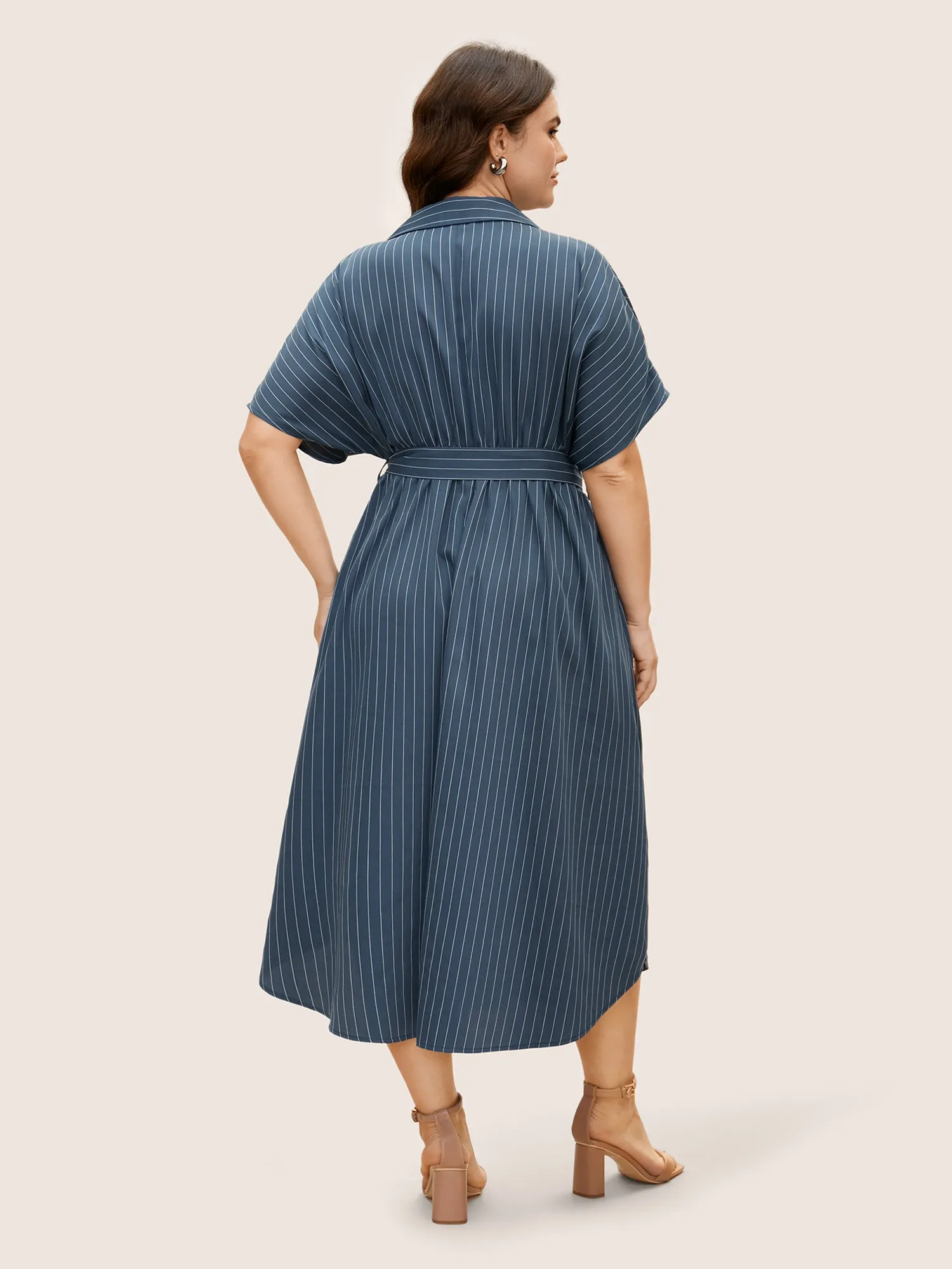 Shirt Collar Striped Curved Hem Midi Dress sold by Bloomchic product image thumbnail 2