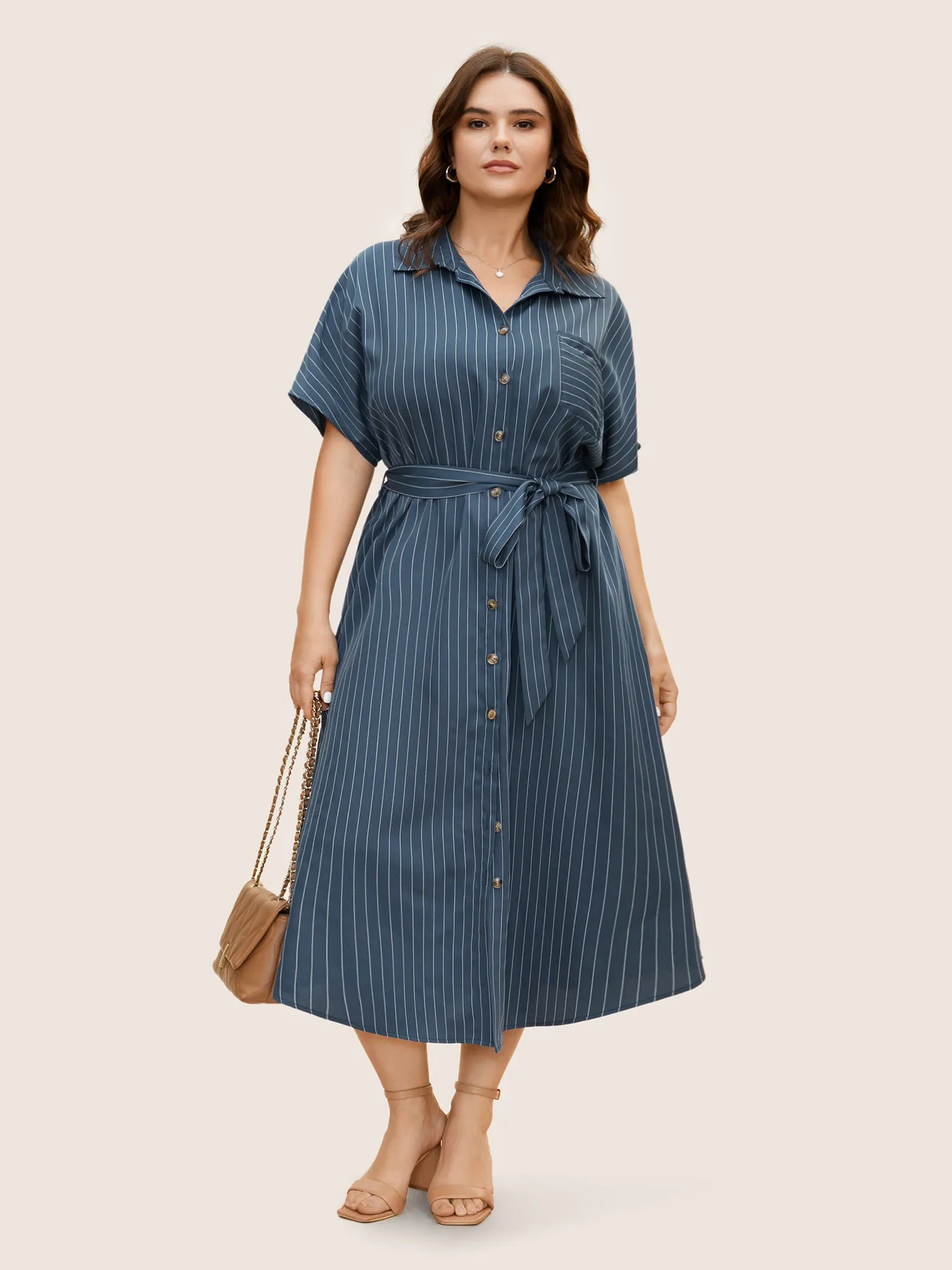 Shirt Collar Striped Curved Hem Midi Dress sold by Bloomchic