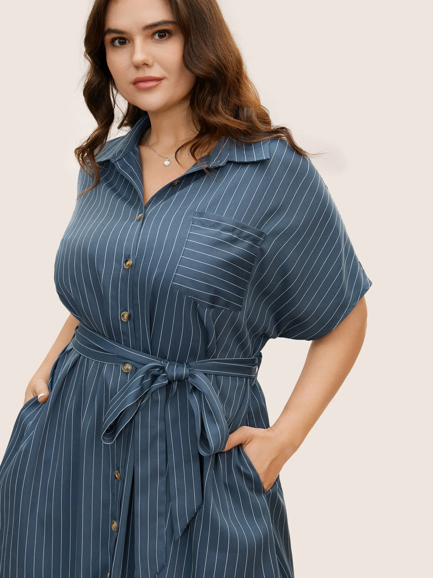 Shirt Collar Striped Curved Hem Midi Dress sold by Bloomchic product image thumbnail 4