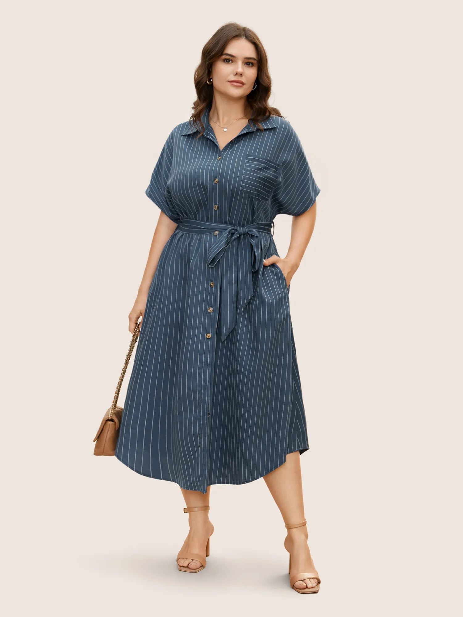 Shirt Collar Striped Curved Hem Midi Dress sold by Bloomchic product image thumbnail 3
