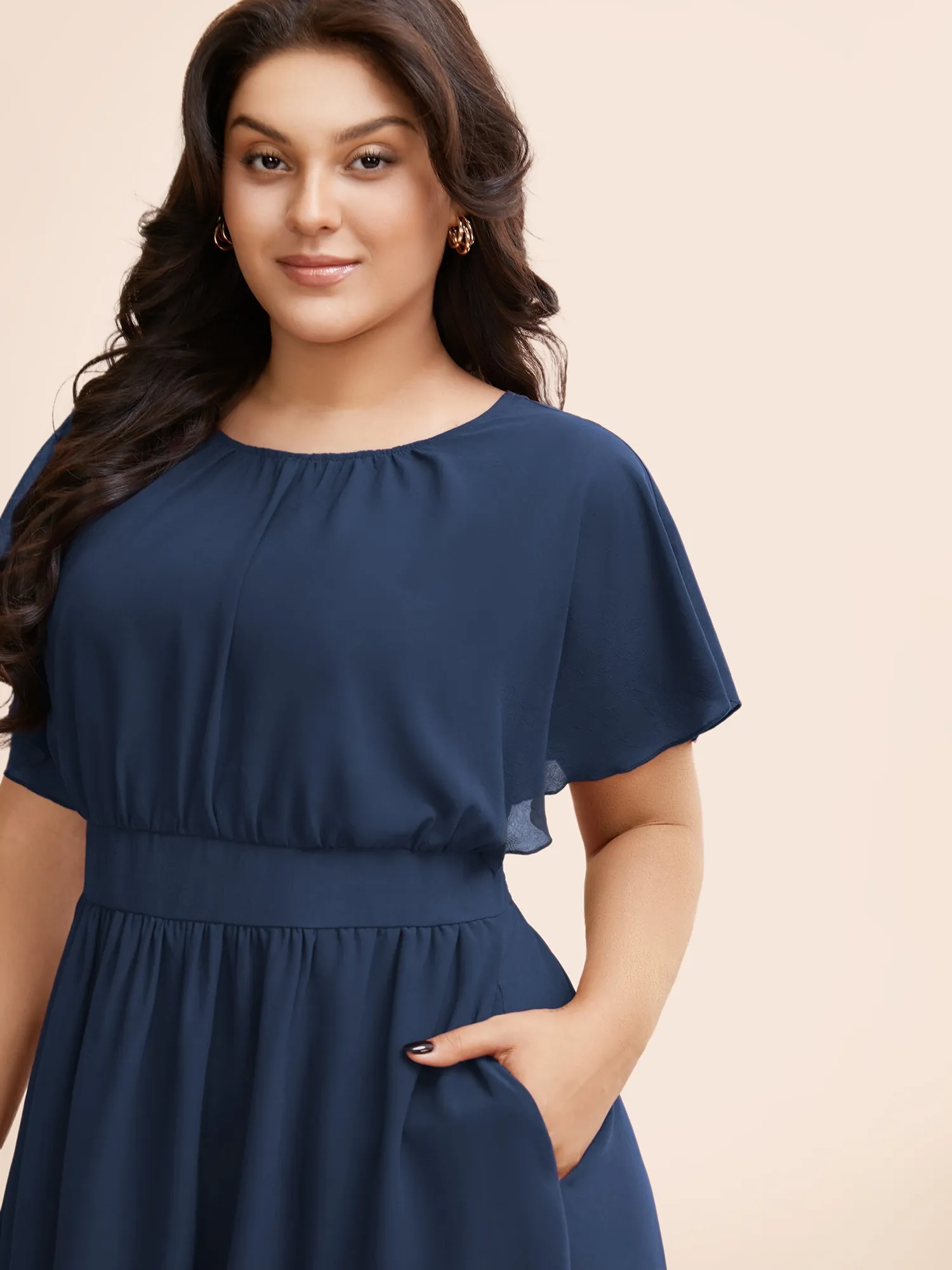 Solid Round Neck Pocket Shirred Back Mesh Ruffles Dress sold by Bloomchic product image thumbnail 2